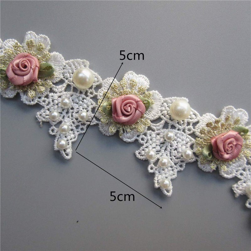 Milcraft 1 Yard Vintage Gold Pearl Rose Flowers Embroidered Lace Trim Fabric Floral Appliques Lace Ribbon Bridal Ornaments Handmade DIY Sewing Supplies Craft for Costume Hat Decoration 1.96"" Wide - Image 4
